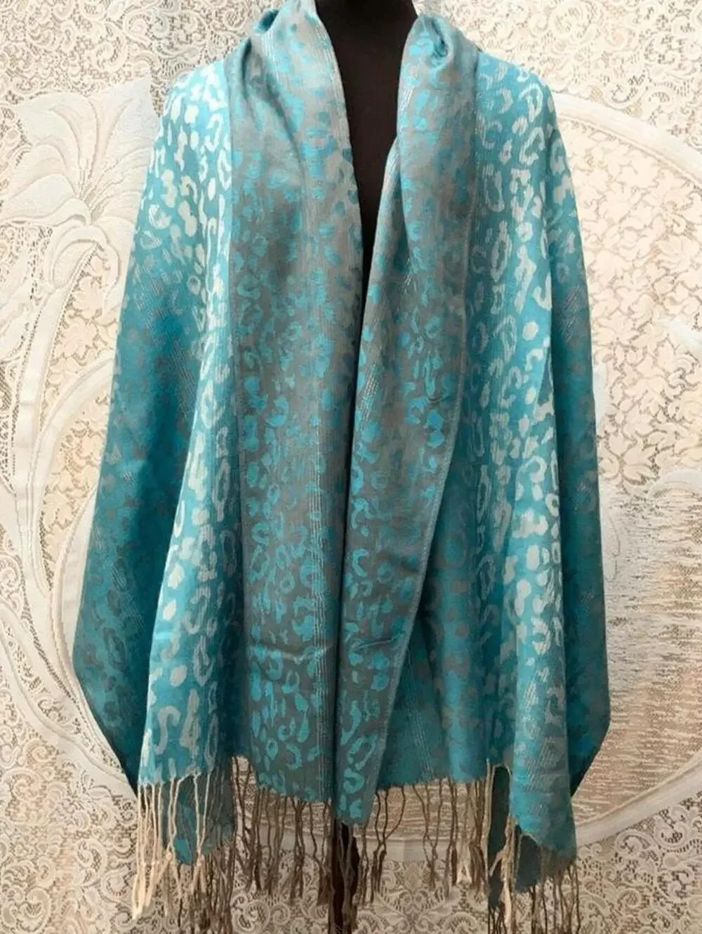 Turquoise Leopard Print Pashmina Shawl Aqua Cheetah Animal Wrap Scarf Fringe