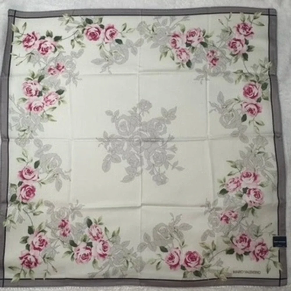 Vtg MARIO VALENTINO Scarf Handkerchief Floral Rose Cotton Cream Pink Grey