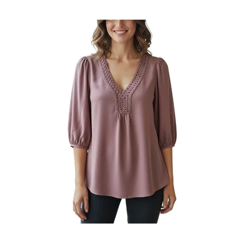 Banana Republic Mauve Crochet V-Neck Blouse 3/4 Puff Sleeve Dusty Rose Womens XS