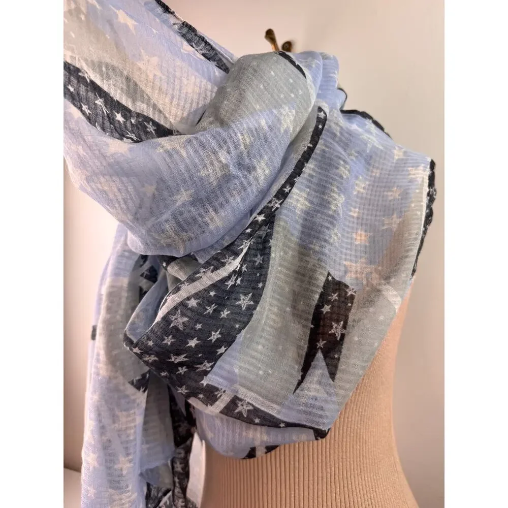 Seed Heritage Blue Black White Scarf/Wrap Shawl Star Striped Around Neck