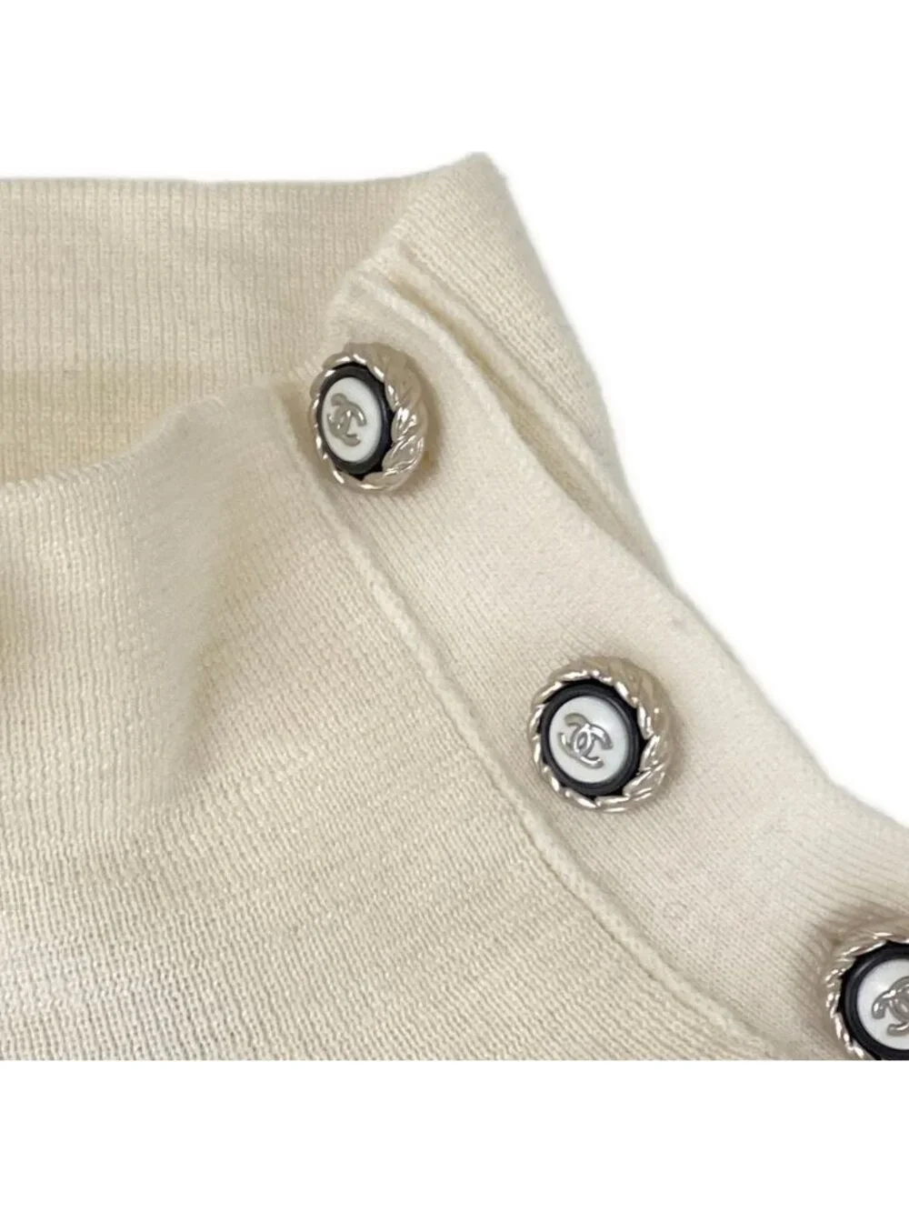 Chanel 3/4 Sleeve Sweater 40 M Ivory High Neck Coco Button Wool