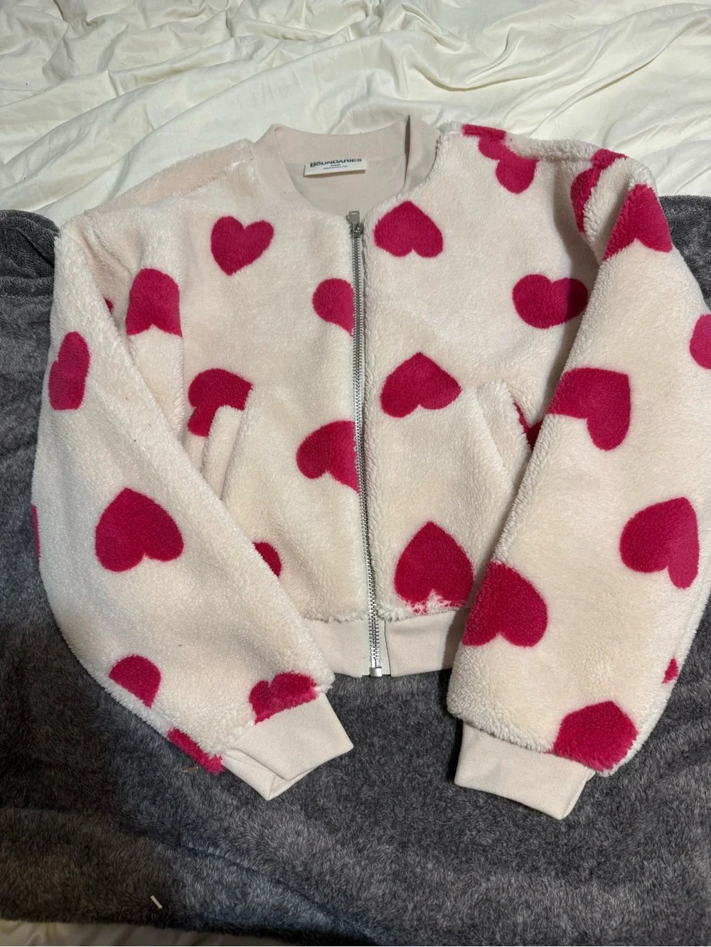 No Boundaries Cream Fleece Bomber with Pink Heart Print
