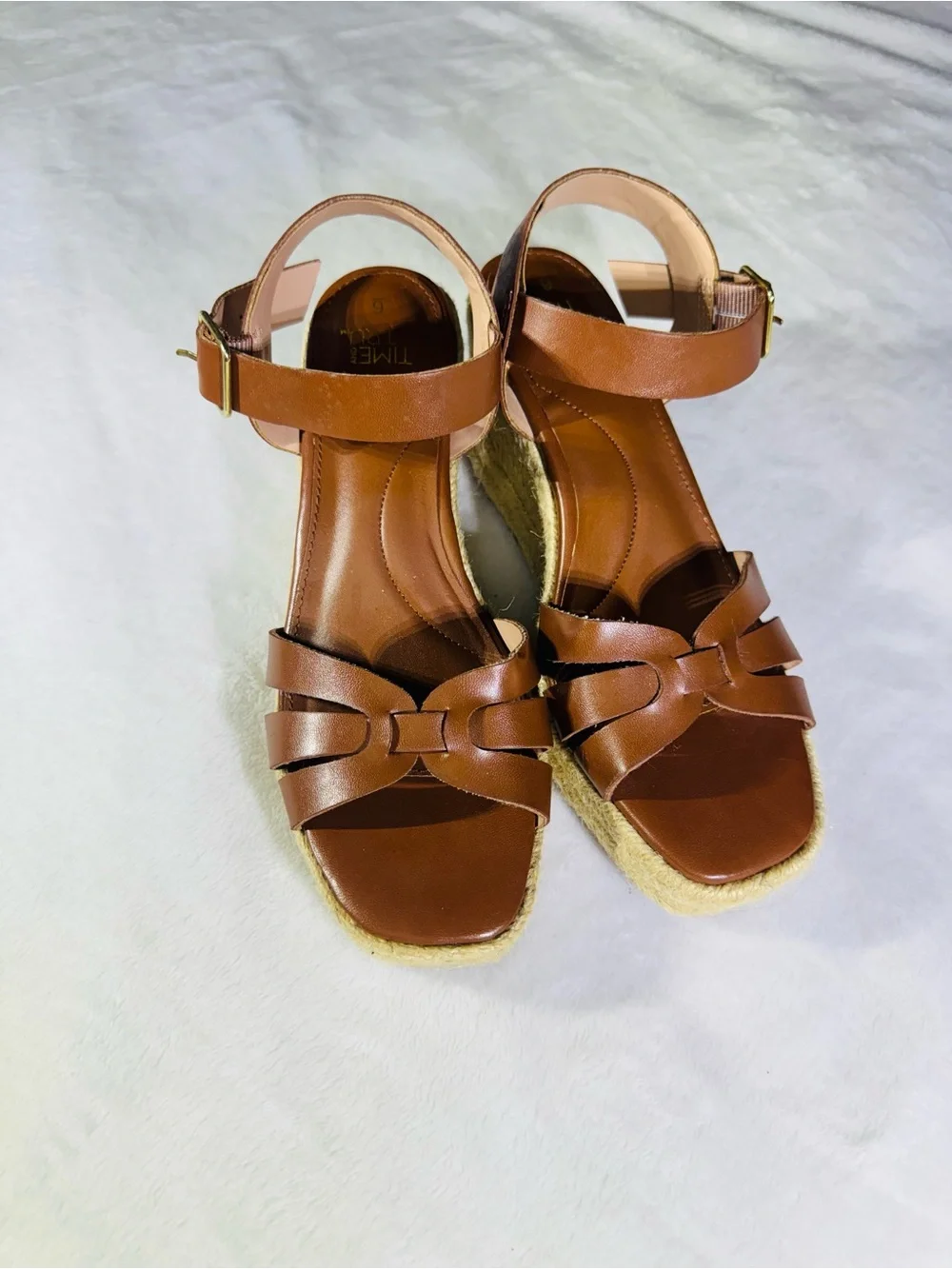 Time and Tru Tan Brown Espadrille Wedge Sandals with Ankle Strap