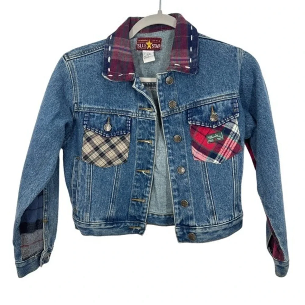 Blue Star Kids Denim Jacket Plaid Patchwork Embellished Collar Cuffs Size Medium