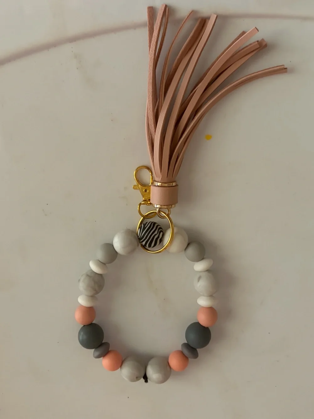Beaded Wristlet Keychain with Pink Tassel