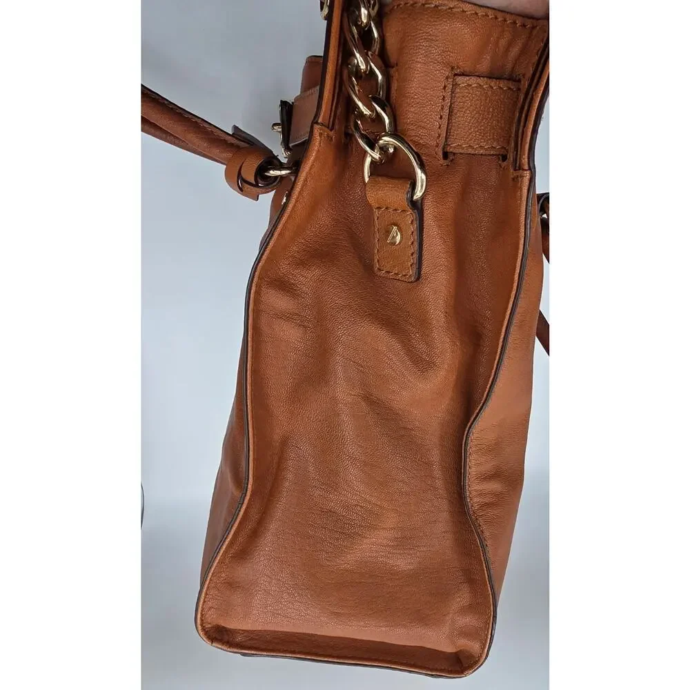 Michael Kors Hamilton Large Leather Tote Satchel Luggage Brown Gold Lock Key