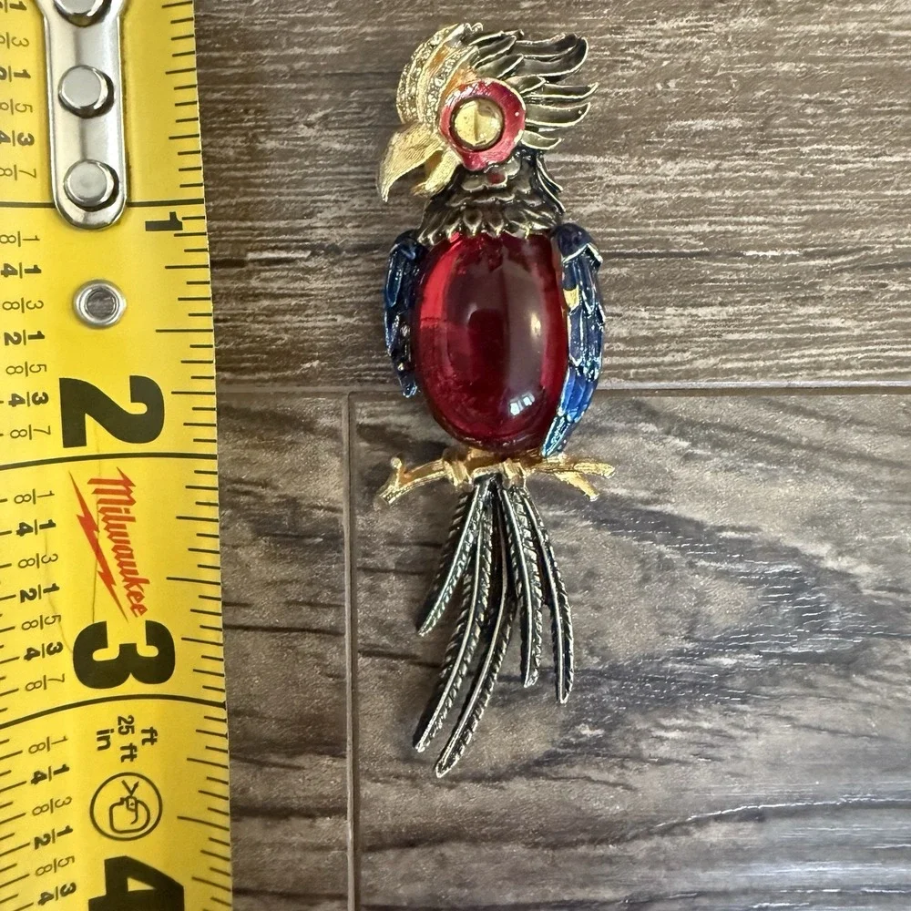 Vintage Gold‎ Tone Parrot Brooch Red Glass Cabochon Body Blue Enamel Wings Pin