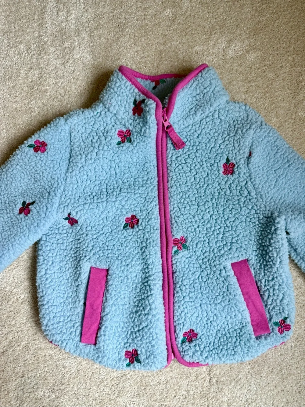 Cat & Jack Light Blue Sherpa Jacket with Pink Trim and Floral Embroidery