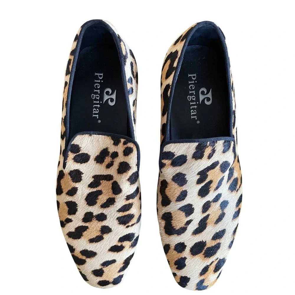 Piergitar Men's Leopard Print Pony Hair Loafers Smoking Slippers Size 7 Red Sole