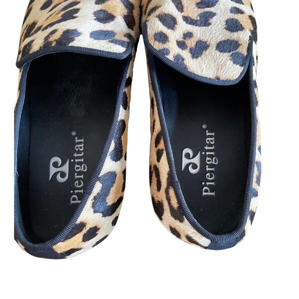 Piergitar Men's Leopard Print Pony Hair Loafers Smoking Slippers Size 7 Red Sole