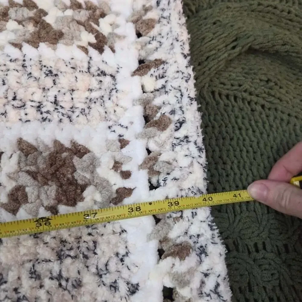 Handmade Knit Baby Blanket Fuzzy White Brown Blue Striped