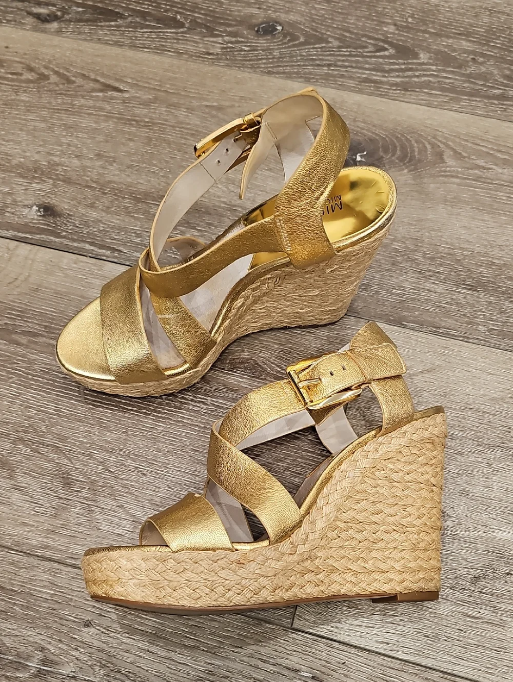 MICHAEL KORS Gold Metallic Espadrilles Wedges Sandals Sz 8.5