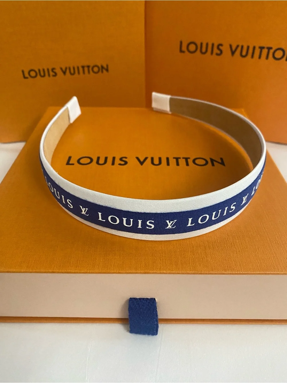 Louis Vuitton Ribbon Navy & White Logo Headband