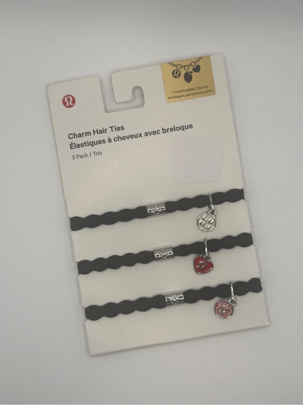 NWT Lululemon Charm Hair Ties 3 Pack — Black / Silver / Red Heart (BLK/SLVR)