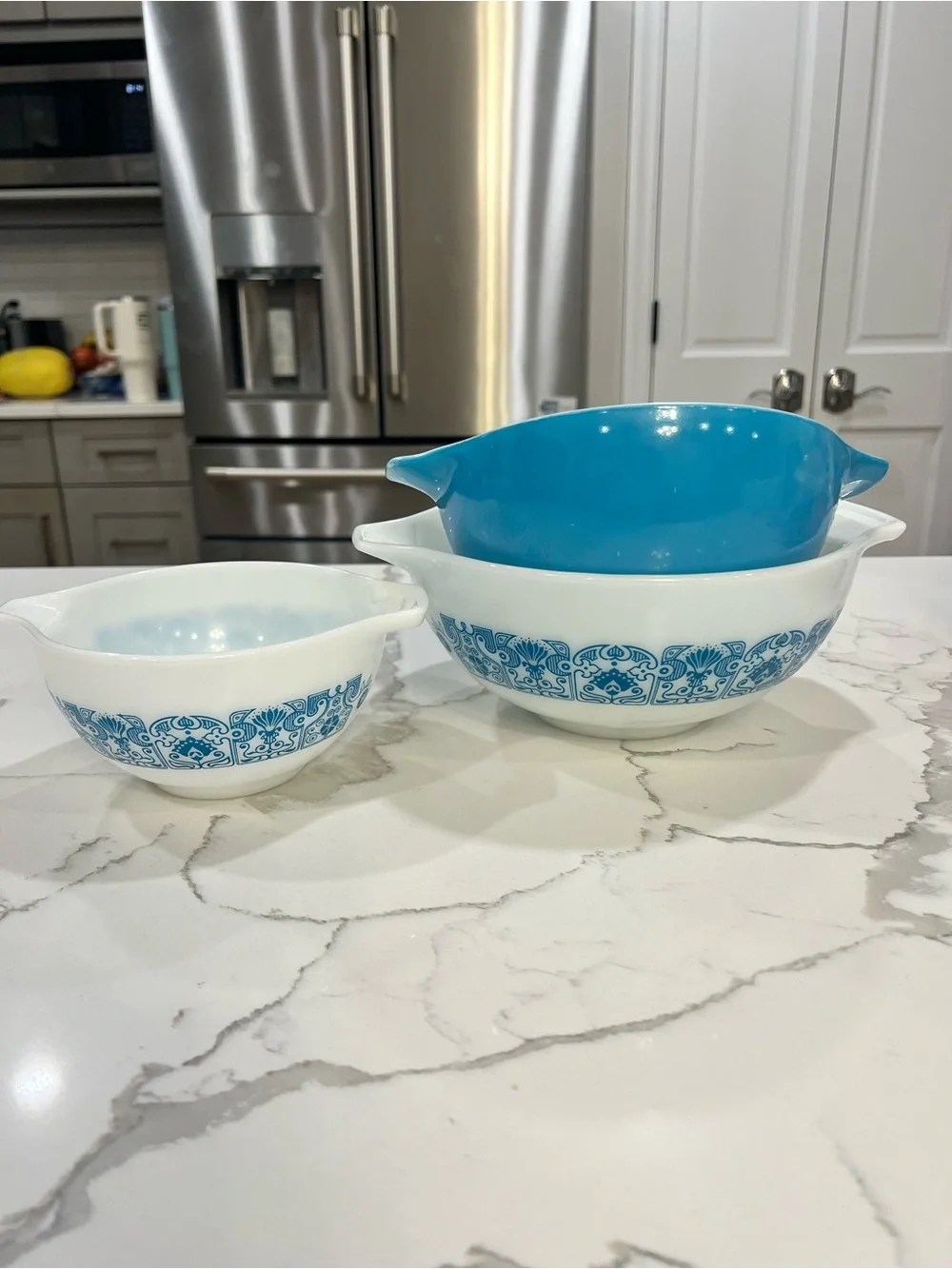 Set of 3 PYREX Horizon Blue Cinderella Mixing Bowls 441 442 443 Apollo 11 set