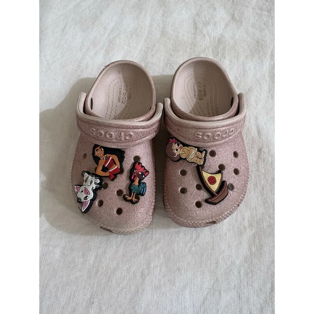 Crocs Classic Clog Light Pink Glittery Size 8C With 5 Charms