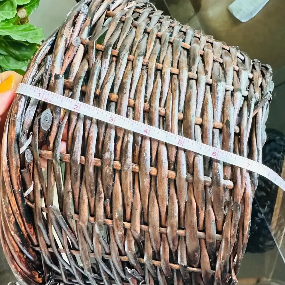 VINTAGE Brown Wood Wicker Woven Low Basket Accent Decor Vase Handles Y2K 90s