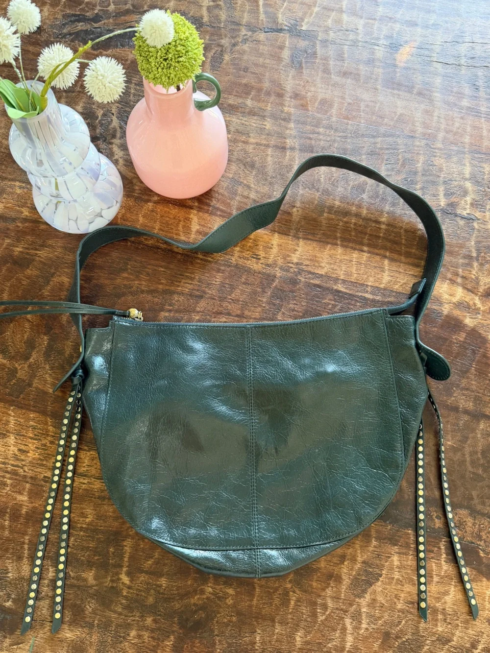 Hobo Dark Green Crinkle Leather Shoulder Bag