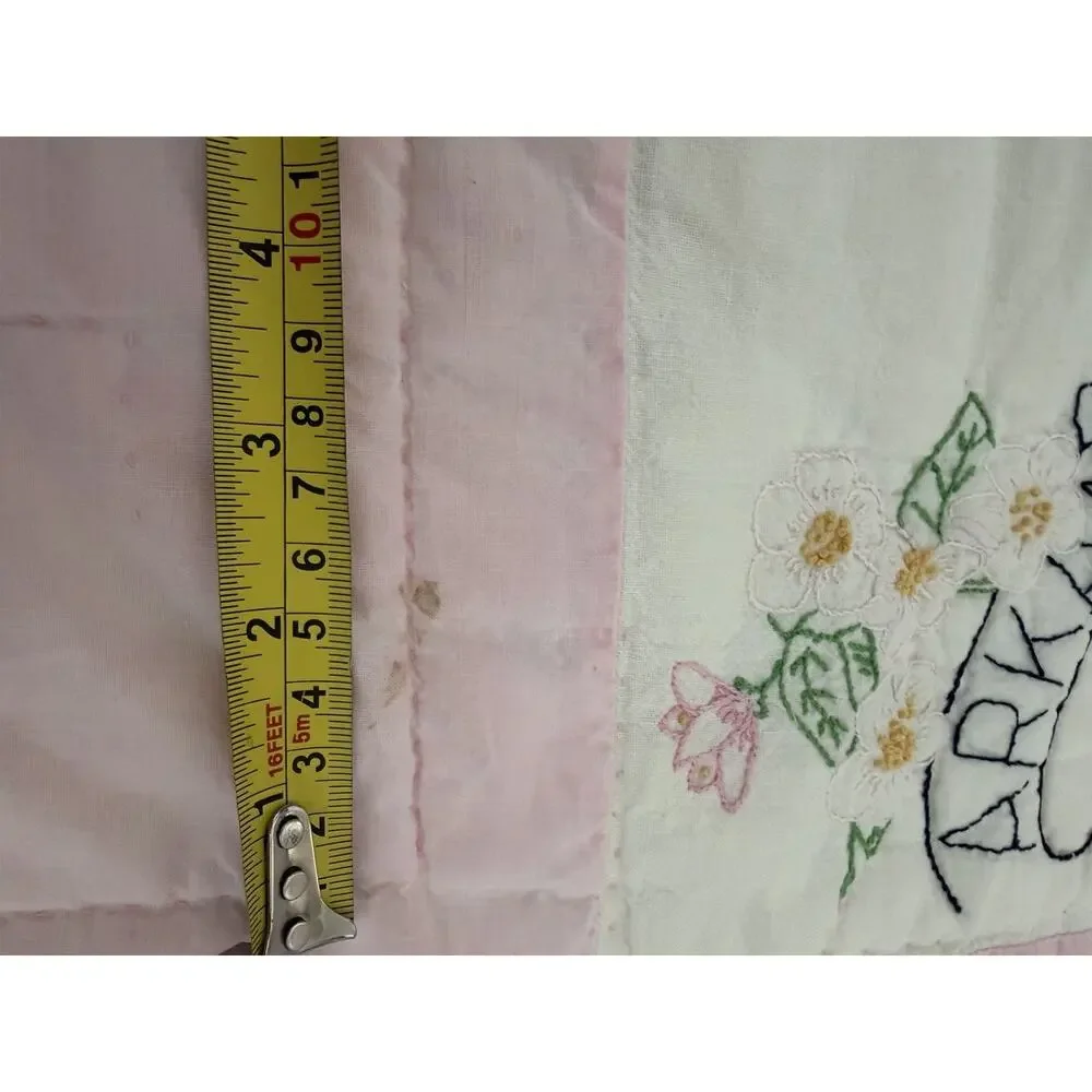 Vintage 48 US State Flower Quilt Embroidered Pink Checkered Handmade