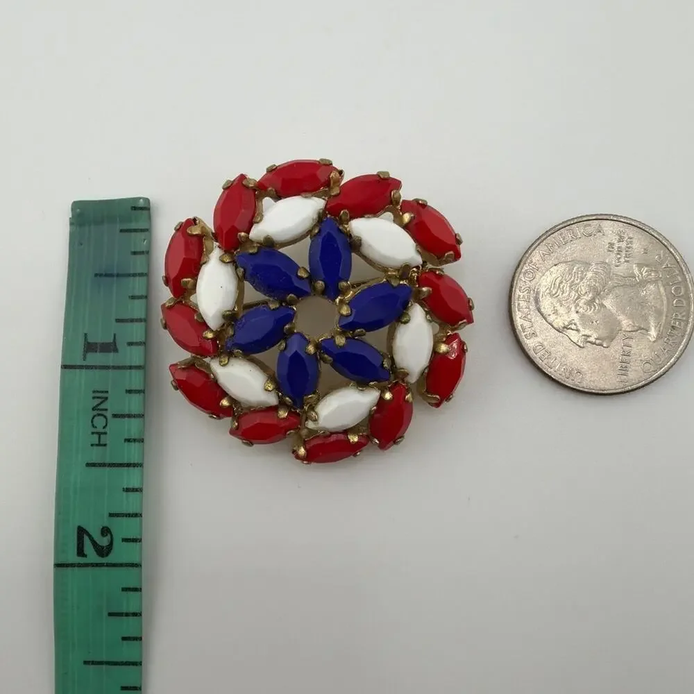 Vintage Red White Blue Spiral Rhinestone Brooch