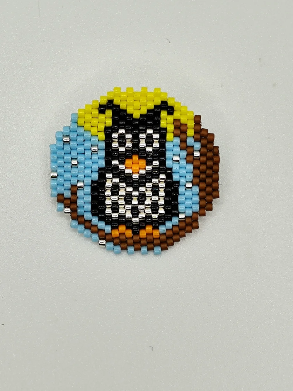 Beaded Owl Circle Pin - Yellow Blue Brown