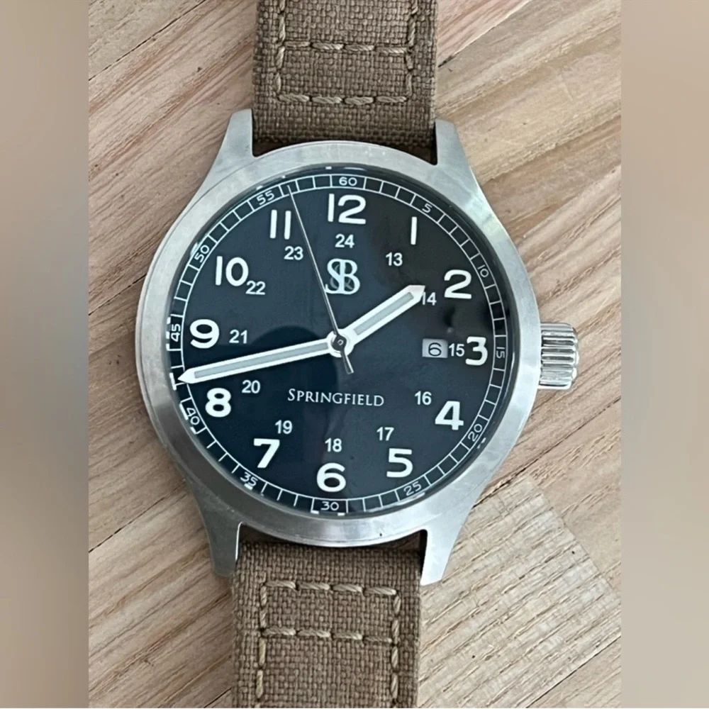 Smith & Bradley Men's Rare Vintage Watch Stainless Case Canvas Strap Black Dial