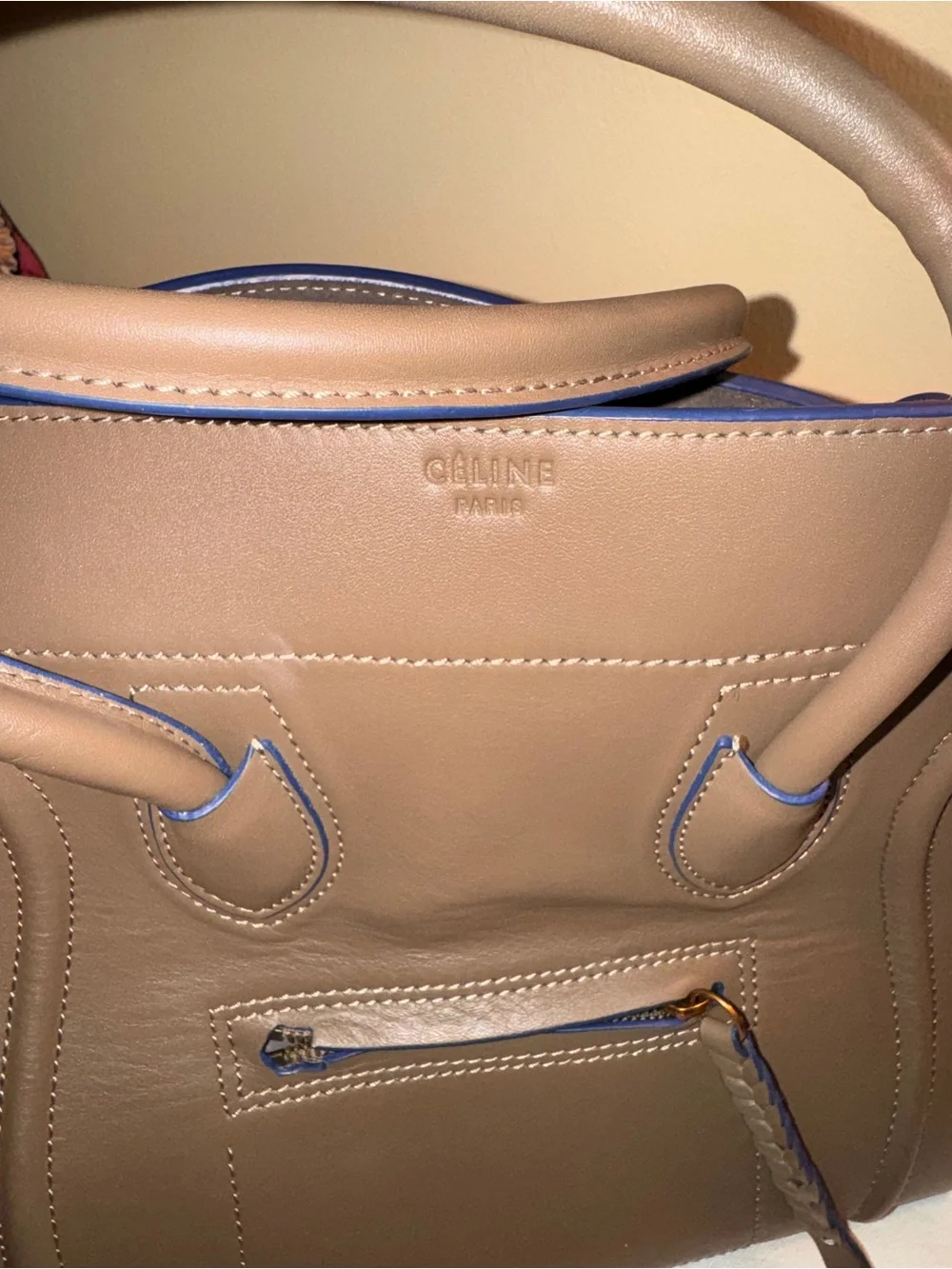 Celine Taupe Leather Satchel with Blue Trim