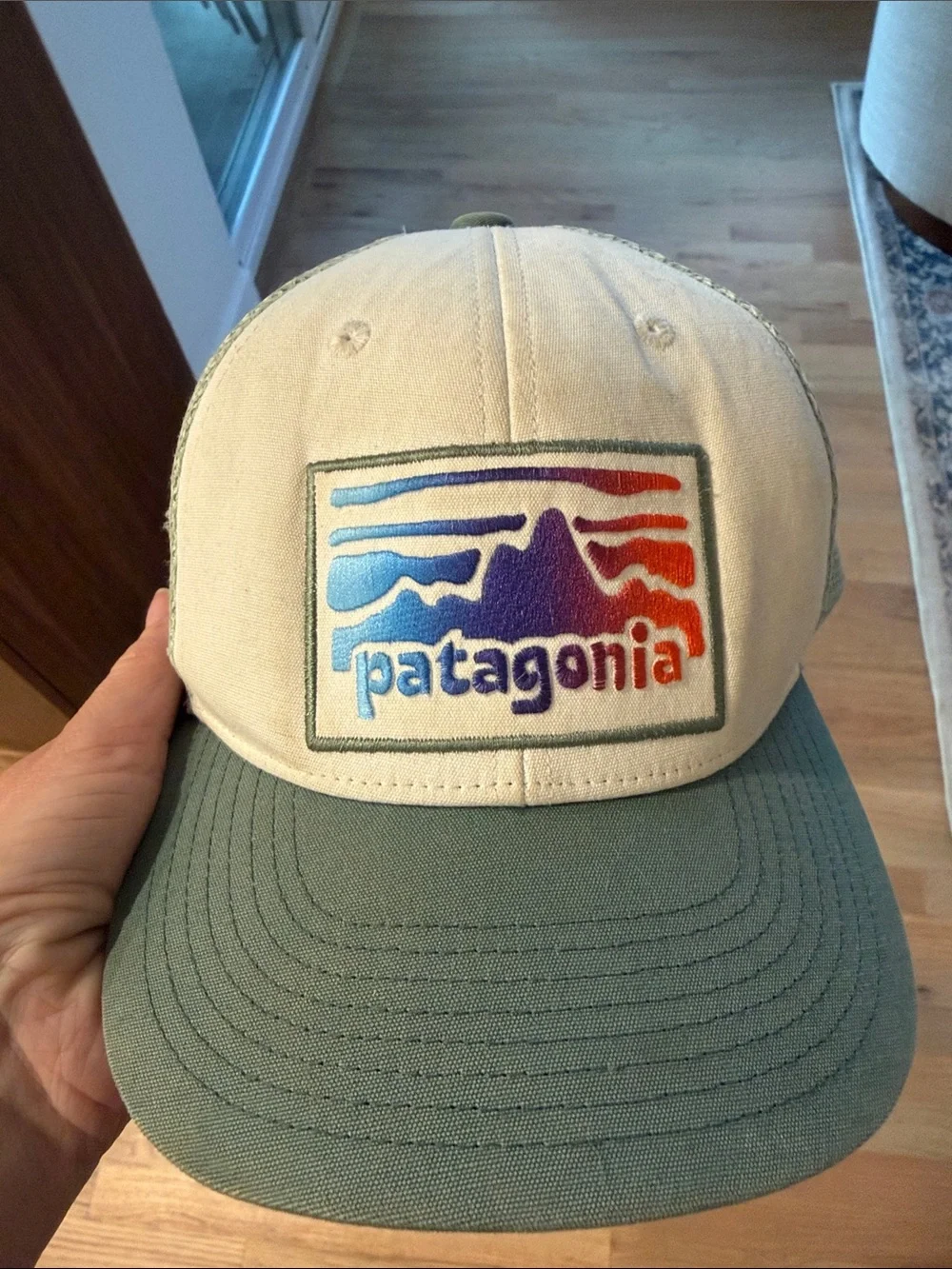 Patagonia Cream Front Trucker Hat with Sage Brim and Multicolor Logo