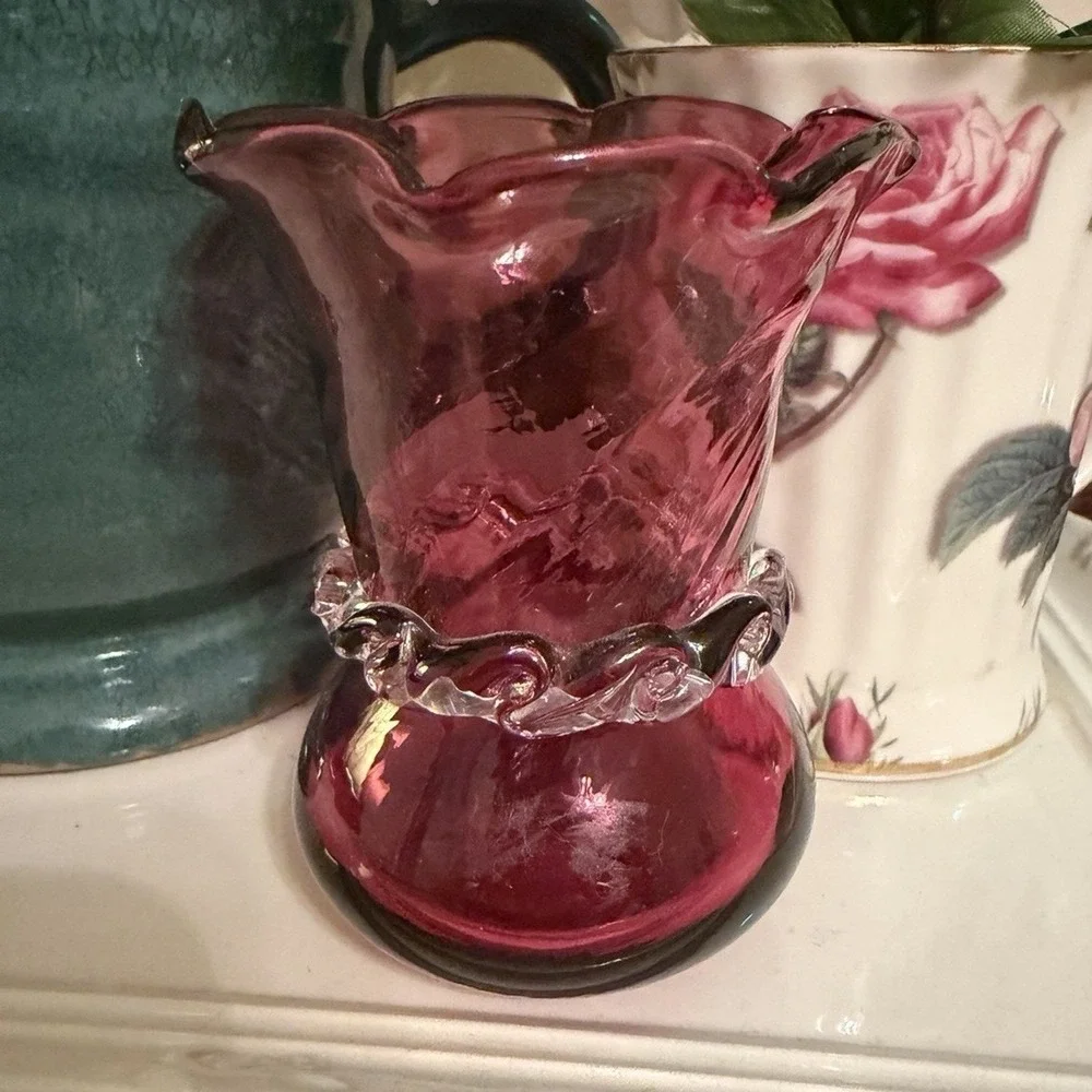 Vintage Cranberry Glass Swirl Bud Vase Ruffled Rim Clear Rigaree Art Glass Pink