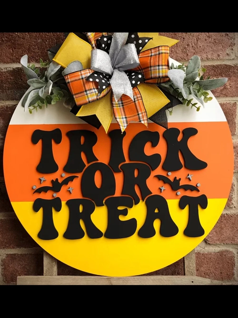 Retro 70’s Style Trick or Treat Candy Corn Door Hanger - Orange, Yellow & Bows