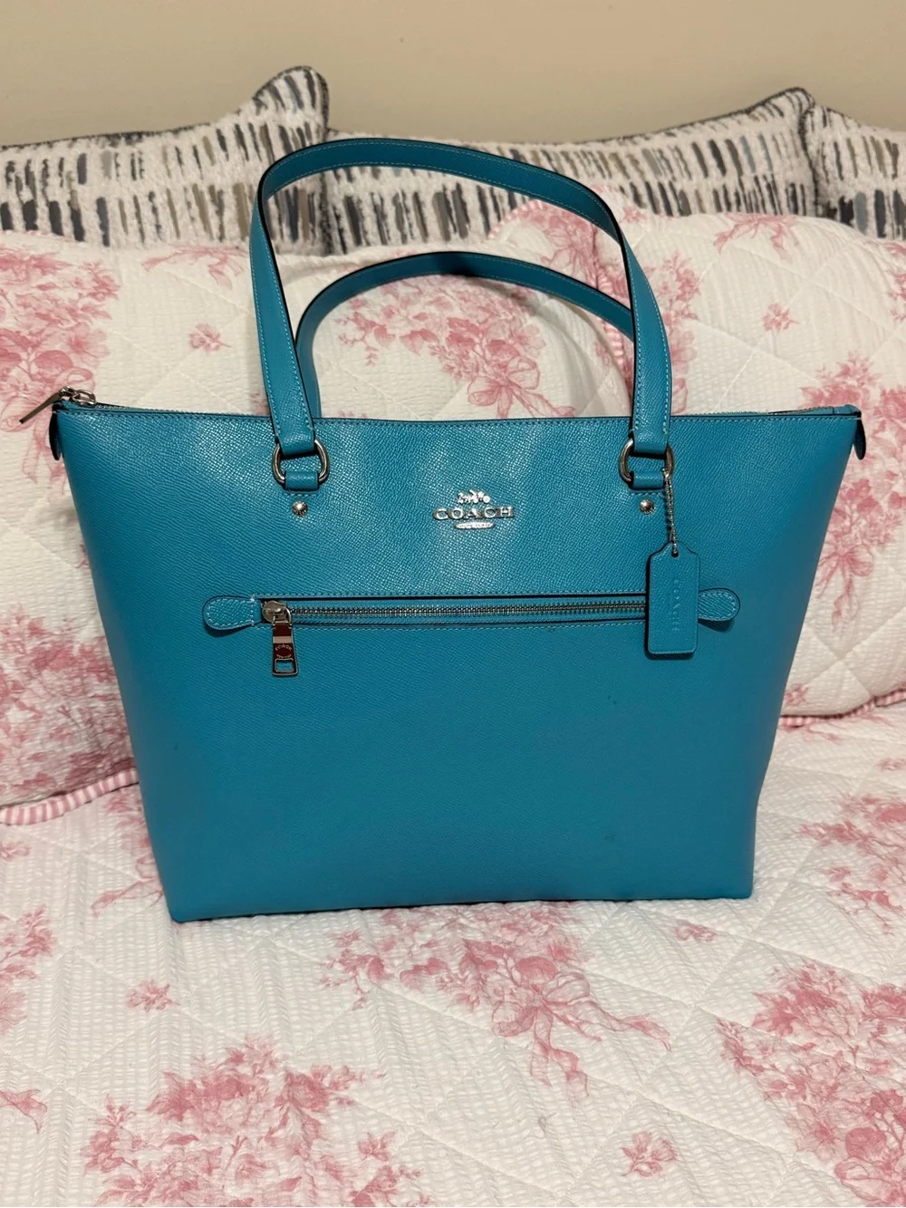 Coach Turquoise Leather Tote with Silver Hardware