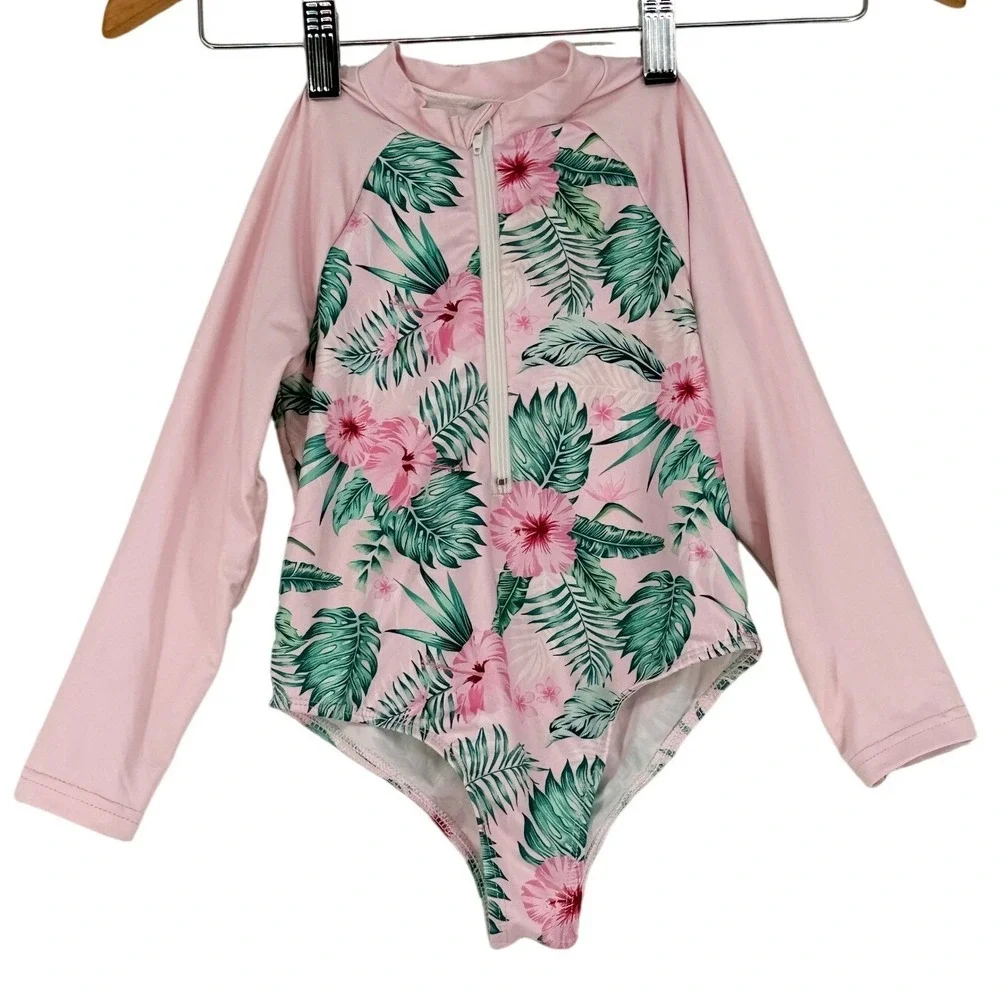 Girls Pink Tropical Hibiscus Long Sleeve Rash Guard One Piece Swimsuit Size 7/8