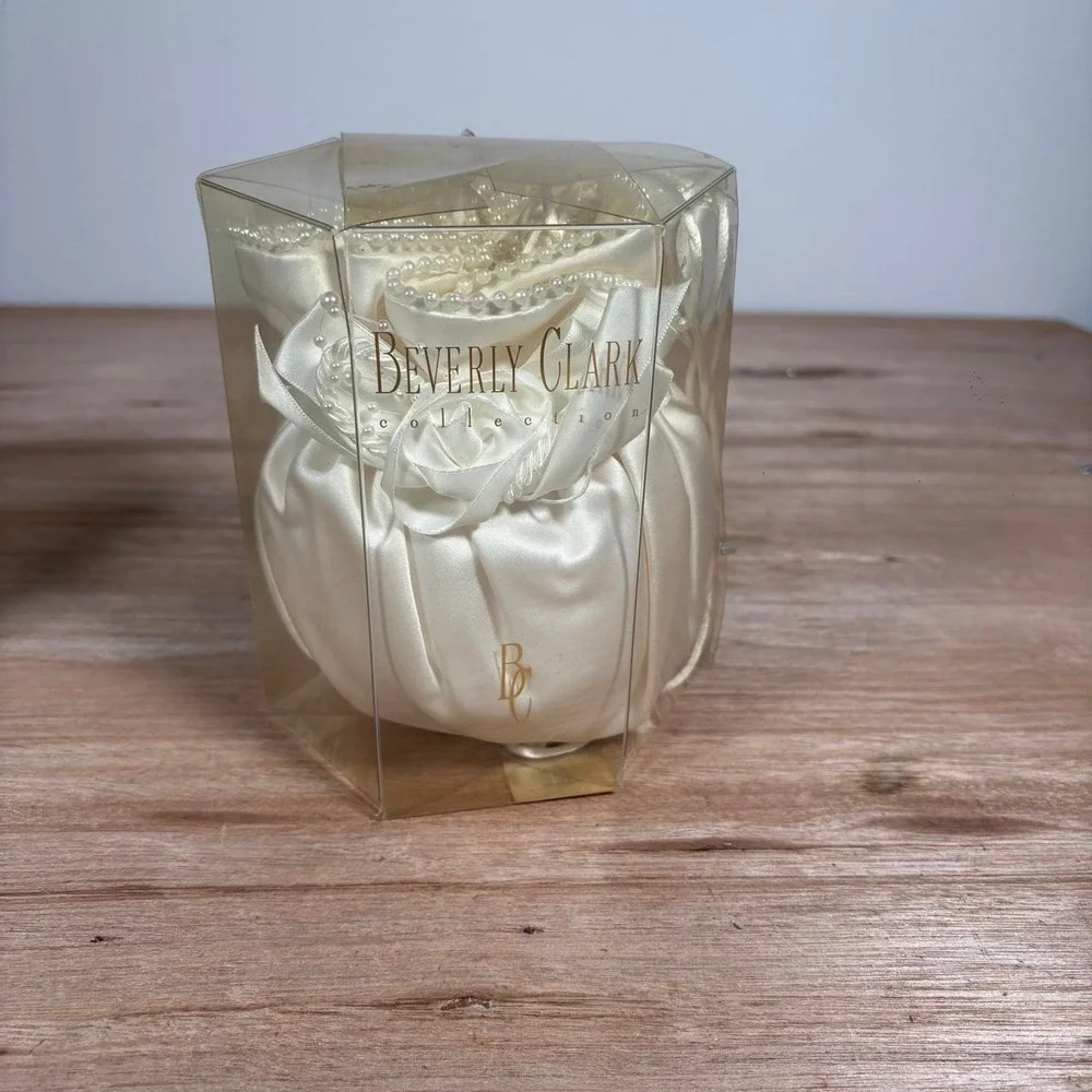 Beverly Clark Collection Tea Rose Bridal Pouch White Satin Pearl Drawstring Bag