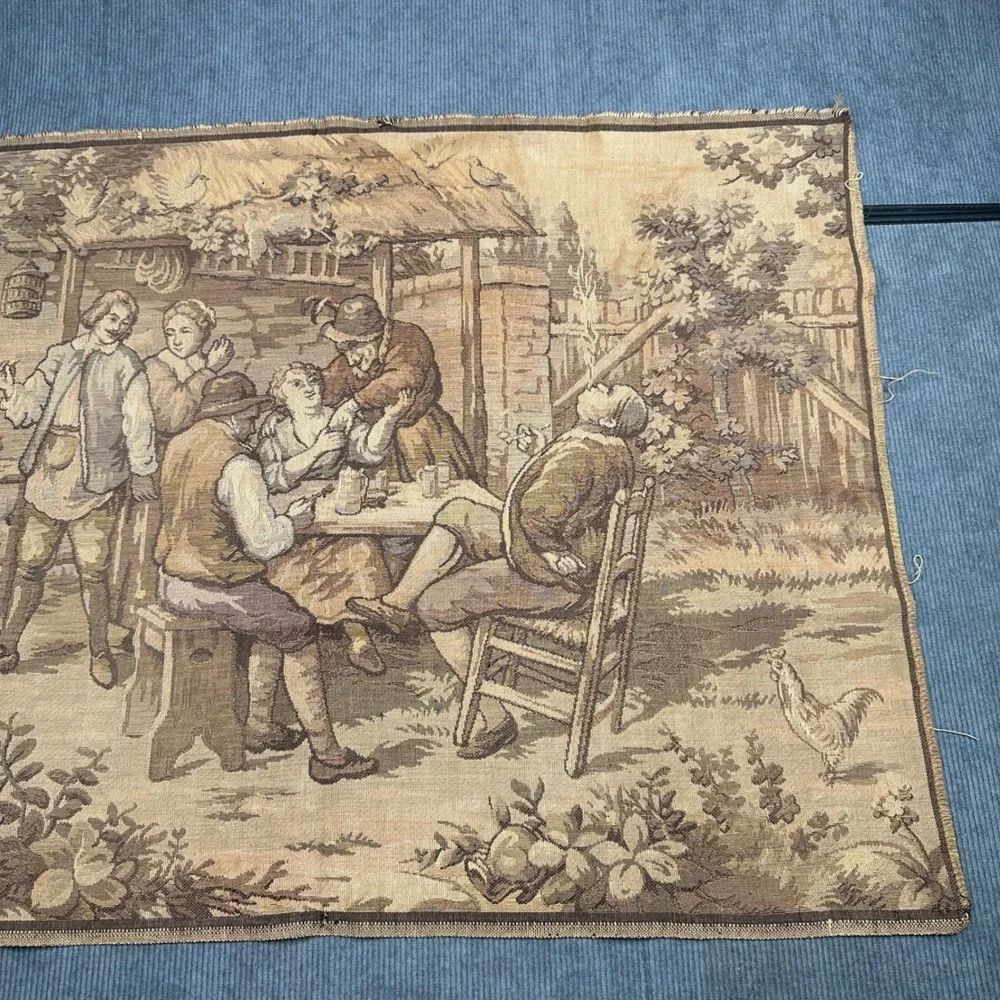 Vintage Made in Belgium Woven Wall Tapestry Tavern Scene European Textile Art