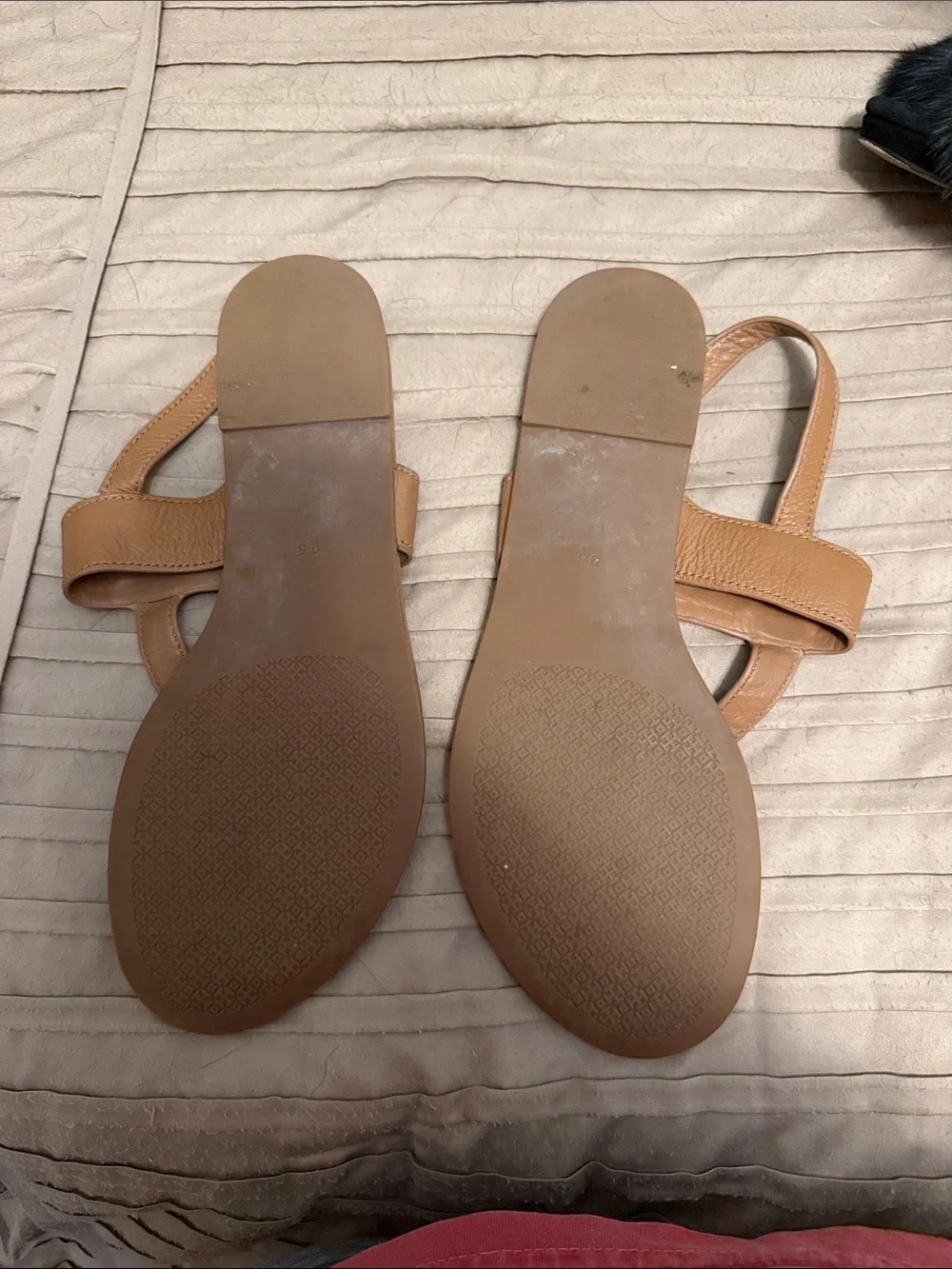 Tory Burch Tan Leather Logo T-Strap Sandals with Gold Emblem