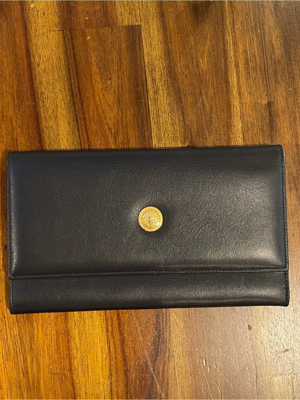 Gianni Versace Black Leather Wallet with Gold Medallion