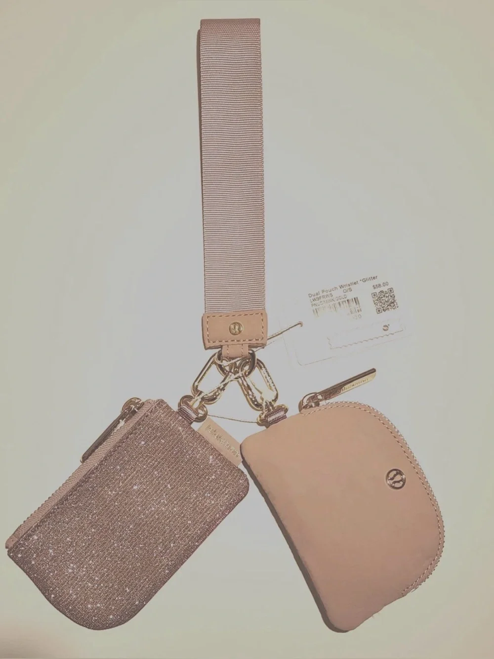 NWT Lululemon Dual Pouch Wristlet Wallet GLITTER Pink Champagne Mink Berry Gold