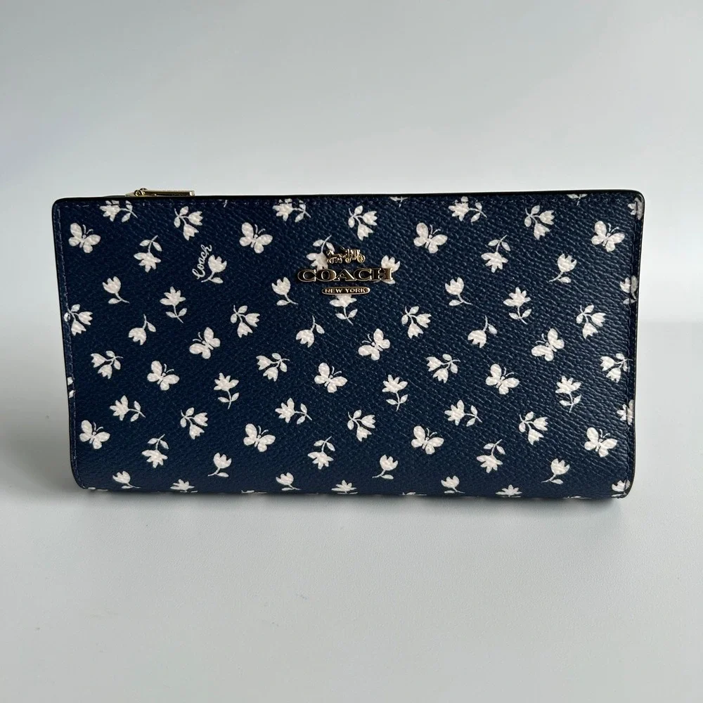 Coach Slim Zip Wallet Deep Blue Floral Butterfly Leather CB024 NWT