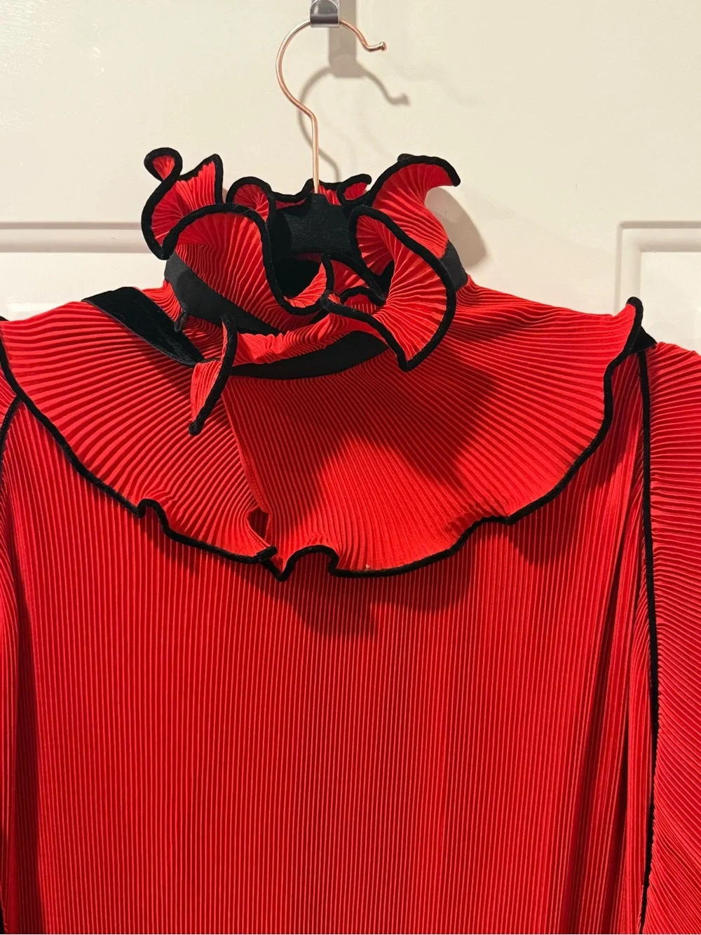 Tory Burch Red and Black Long Sleeve Pleated Ruffle Midi Dress