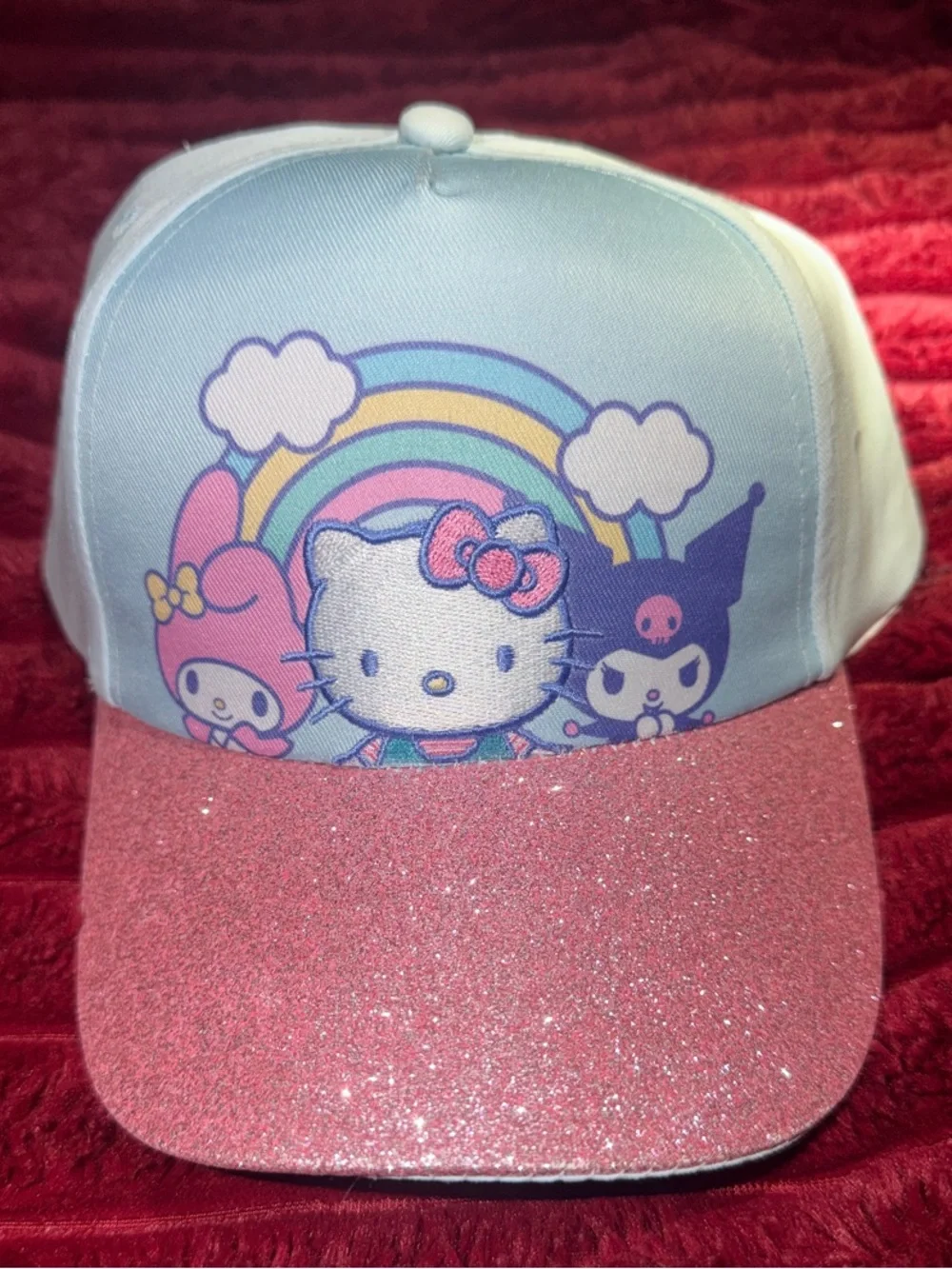 Hello Kitty Pastel Blue Panel Hat with Pink Glitter Brim