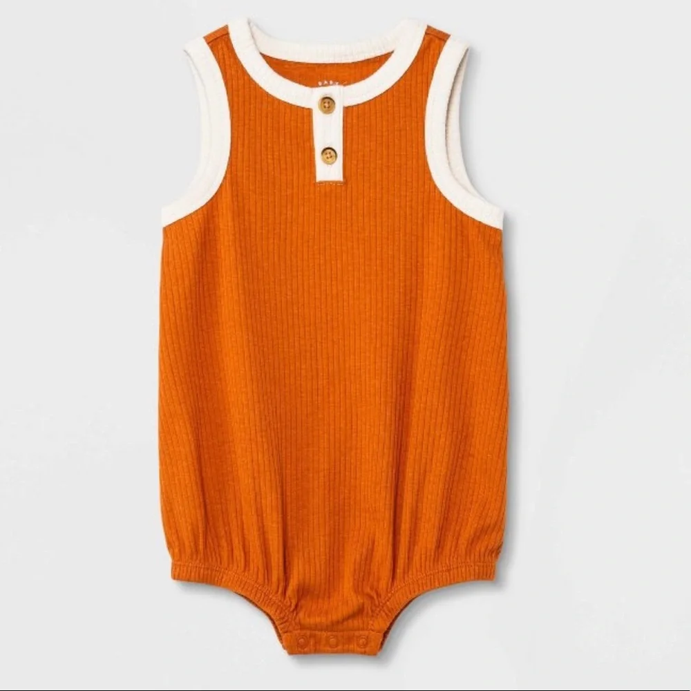 Cat & Jack Baby Unisex Ribbed Henley Bubble Romper - Rust Orange