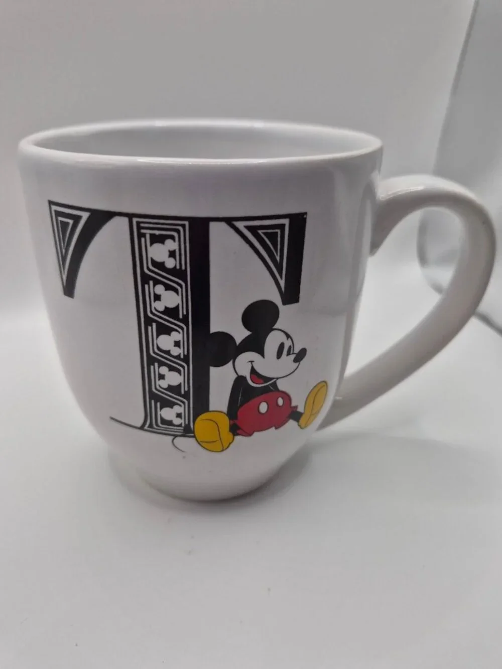 Disney Mickey Mouse White Ceramic Mug With Monogram T Design 16 Oz