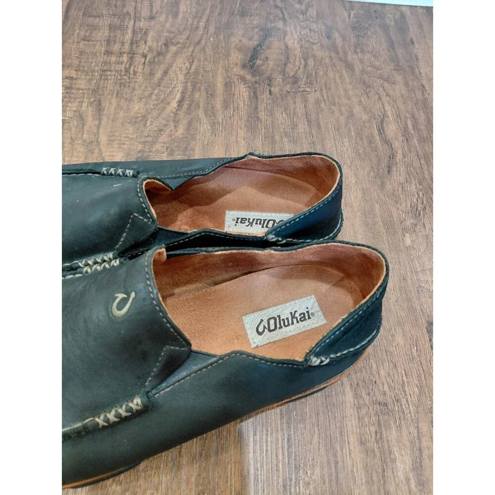 OluKai Moloa Black Leather Casual Slip On Loafers Size 10