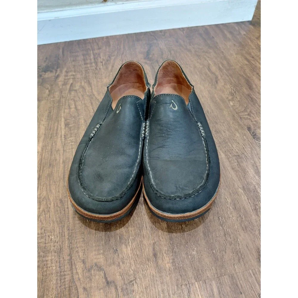 OluKai Moloa Black Leather Casual Slip On Loafers Size 10