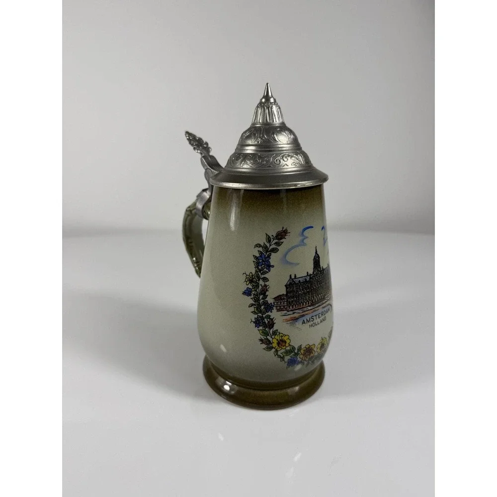 Vintage Original King Handmade Ceramic Beer Stein with Pewter Lid‎