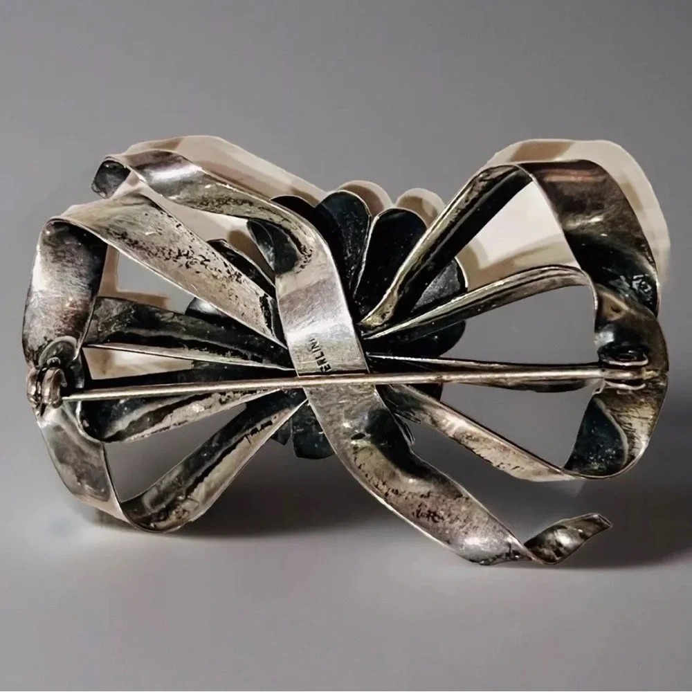 Sterling Silver 2-1/2” Bow Brooch Pin-Up Deco Pin Wednesday Whimsigoth Vintage