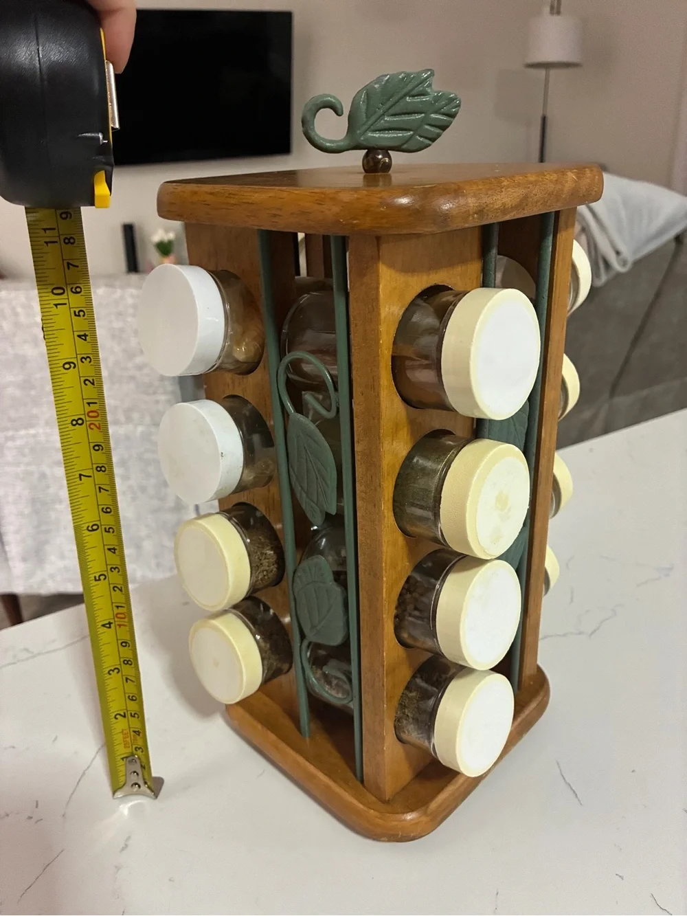 Vintage Wooden Rotating Spice Rack with Leaf Accents and White Lidded Jars