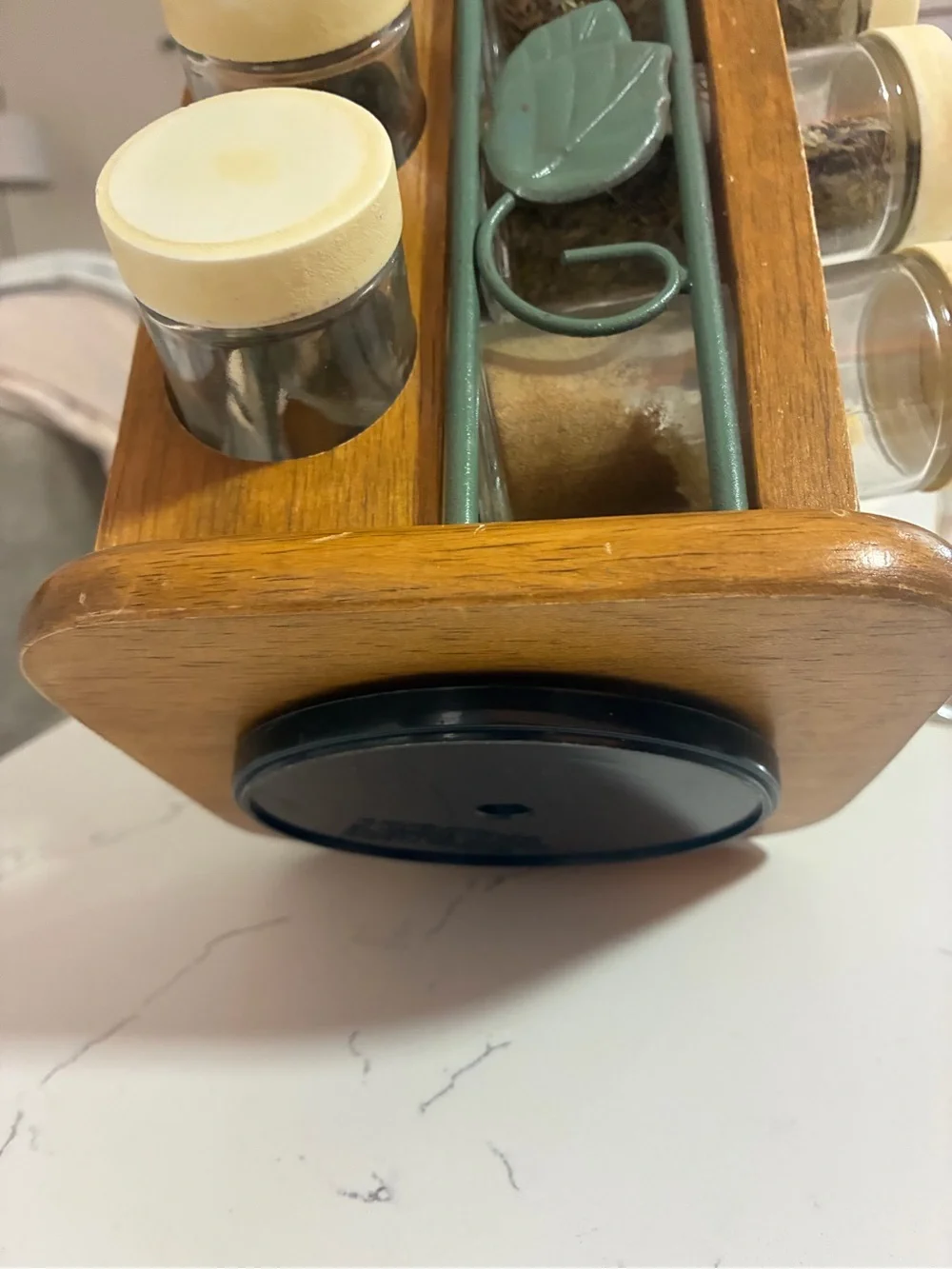 Vintage Wooden Rotating Spice Rack with Leaf Accents and White Lidded Jars