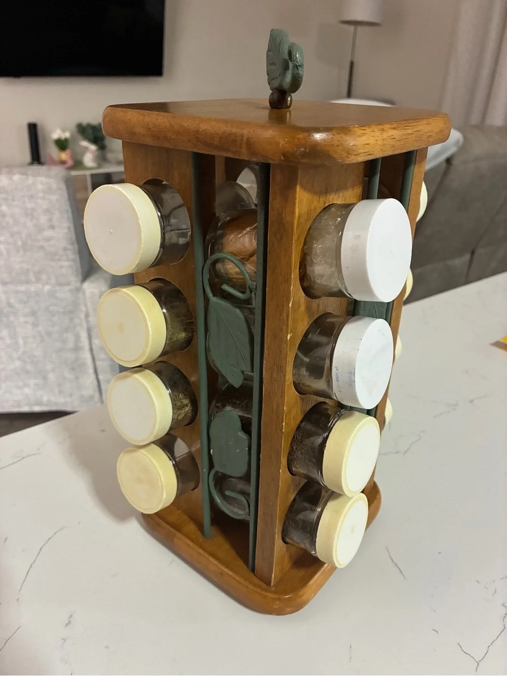 Vintage Wooden Rotating Spice Rack with Leaf Accents and White Lidded Jars
