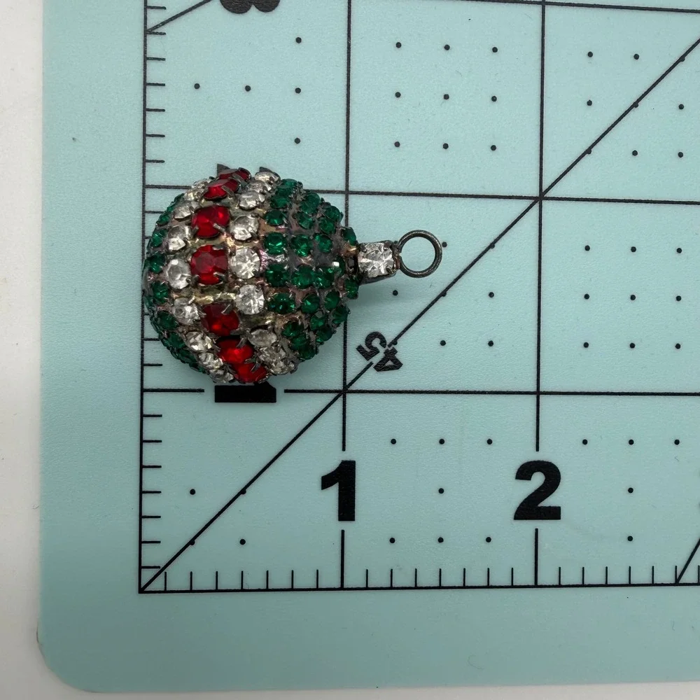Vintage Bauer Christmas Ornament Brooch Pendant Red Green Rhinestone Pin Silver